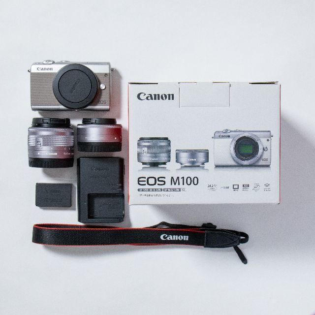 新品の梱包資材でお届け【美品】EOS M100 ダブルレンズキット （単焦点レンズセット）