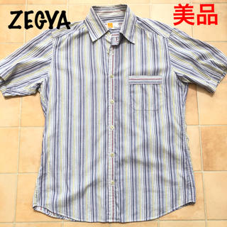 ZEGNA【美品】ストライプお洒落メンズ M半袖シャツ・彼やご主人に・綿100%(シャツ)