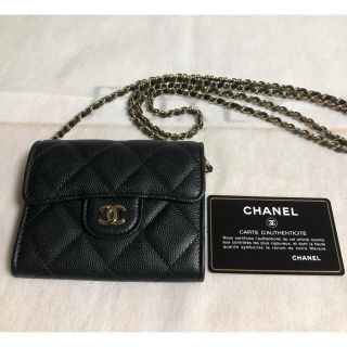 シャネル(CHANEL)の8/3迄限定価格 CHANELミニチェーンウォレット キャビア 黒×シャンパンG(ショルダーバッグ)