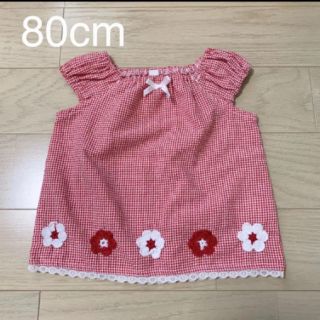 ニシマツヤ(西松屋)の◆赤のギンガムチェック×刺繍のお花の女の子服◆80cm(シャツ/カットソー)