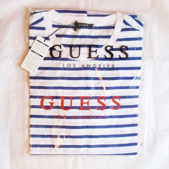 GUESS(ゲス)のGUESS ブランド ロゴ tシャツ ゲス ブルー ボーダー XLサイズ コラボ メンズのトップス(Tシャツ/カットソー(半袖/袖なし))の商品写真