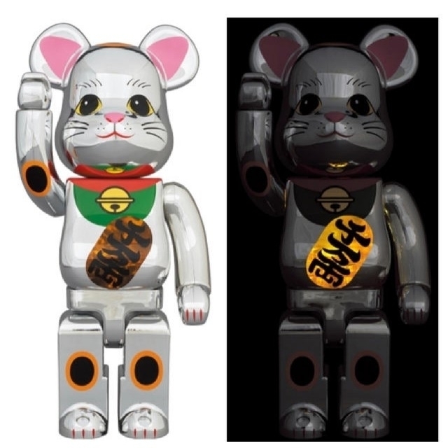 【2点あり】ベアブリック BE@RBRICK 招き猫 銀メッキ 発光 400％