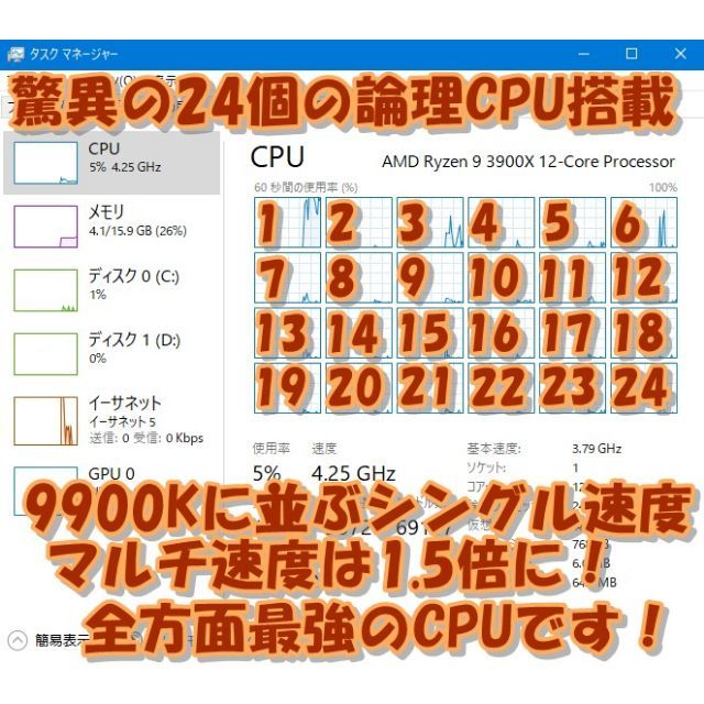 はじめ様専用 RYZEN3900X 12コア24CPU PC 全方面最強性能 スマホ/家電/カメラのPC/タブレット(デスクトップ型PC)の商品写真