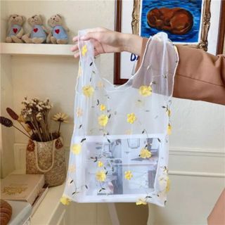 期間限定sale♡花柄 刺繍 メッシュ シースルー バッグ♡黄色(エコバッグ)