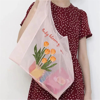 新品 送料無料✨ シースルー 刺繍 花 バッグ エコバッグ チューリップ ピンク(エコバッグ)