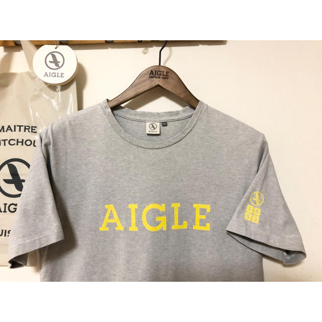 AIGLE(エーグル)のAIGLE／エーグル◆定番無地ロゴTシャツ◆Lサイズ◆グレー地&イエロープリント メンズのトップス(Tシャツ/カットソー(半袖/袖なし))の商品写真