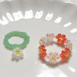 デイジー　ピンクレッド　ビーズリング　비즈반지　ハンドメイド(リング)