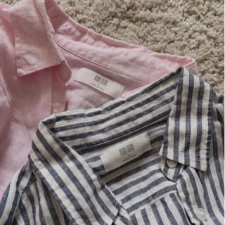 ユニクロ(UNIQLO)のユニクロ プレミアム リネンシャツ 麻シャツ S ストライプ ピンク 2枚セット(シャツ/ブラウス(長袖/七分))