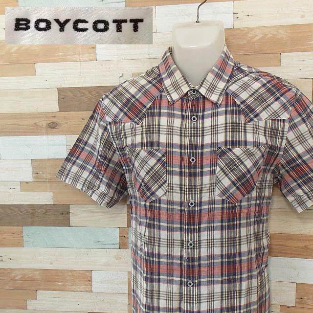 BOYCOTT(ボイコット)の【BOYCOTT】 美品 ボイコット グレー/レッド リネン半袖シャツ サイズ4 メンズのトップス(シャツ)の商品写真