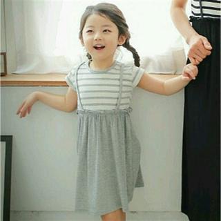 韓国子供服 サスペンダーデザインドッキングワンピース(ワンピース)