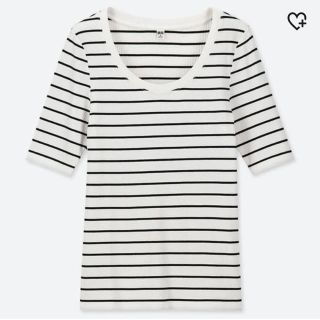 ユニクロ(UNIQLO)のUNIQLO/ユニクロ リブボーダーＵネックＴ ５分袖 Ｍサイズ ホワイト 白(カットソー(半袖/袖なし))