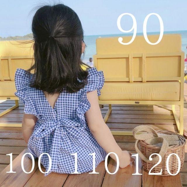 ノースリーブ ワンピース 韓国 ギンガムチェック ブルー フリル 夏 90 キッズ/ベビー/マタニティのキッズ服女の子用(90cm~)(ワンピース)の商品写真