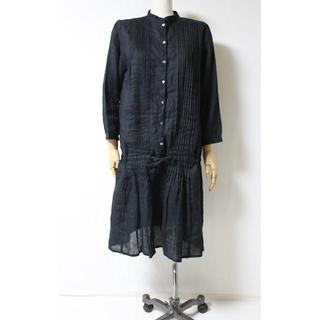 フォグリネンワーク(fog linen work)のフォグリネンワーク スタンドカラー リネン ワンピース 黒(ひざ丈ワンピース)