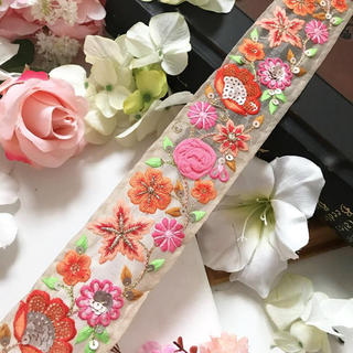 インド刺繍リボン 薔薇 3D ピンク 花 シルク アンティークレース ボタニカル(各種パーツ)