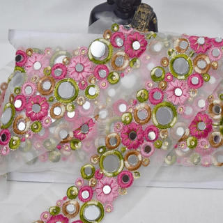 インド刺繍リボン ミラーワーク 鏡 花 白レース ピンク 桜 コスモス 春(各種パーツ)