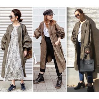 ザラ(ZARA)のノーカラーオーバーサイズドロップショルダーボリュームスリーブロングブルゾンカーキ(ノーカラージャケット)