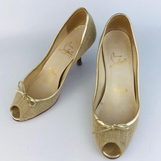 クリスチャンルブタン(Christian Louboutin)のクリスチャンルブタン★キャンバスレザーリボンオープントゥパンプス(35)(ハイヒール/パンプス)