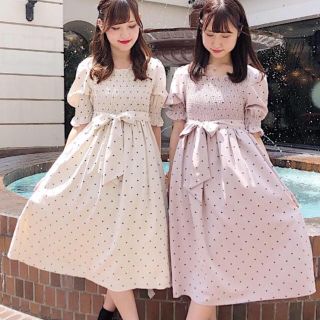 ピンク♡着るだけで可愛いハート柄のロングワンピース♡リボン前後で結えるデザイン♡