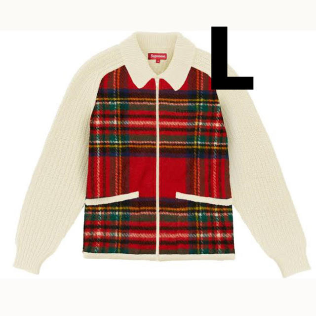 supreme plaid front zip sweater 白 Lトップス