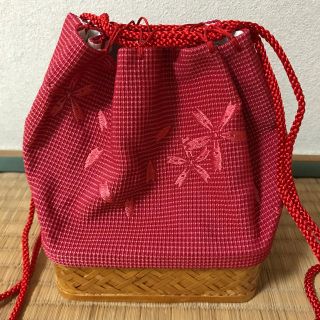 和装小物　巾着バッグ　レッド(かごバッグ/ストローバッグ)