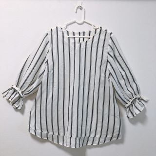 【大きいサイズ】3L/袖フリルストライプブラウス/夏トップス(シャツ/ブラウス(長袖/七分))