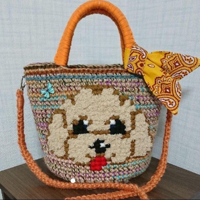 ハンドメイド　麻バック　麻紐バック　ズパゲッティ　カゴバック　犬