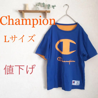 チャンピオン(Champion)の【チャンピオン 】Tシャツ　デカロゴ　メンズ　　ブルー　オレンジ　古着女子(Tシャツ/カットソー(半袖/袖なし))