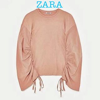 ザラ(ZARA)のsale!新品タグ付☆ZARAザラ☆ギャザースリーブカットソー　ピンクベージュ(トレーナー/スウェット)