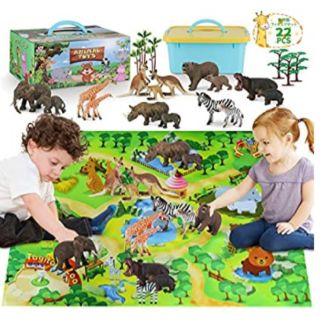 動物のフィギュア 22pcs 収納ボックス付 野生動物セット 子供用おもちゃ(知育玩具)