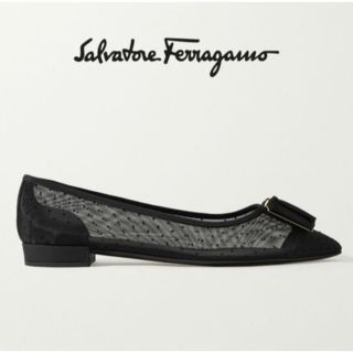 サルヴァトーレフェラガモ(Salvatore Ferragamo)のフェラガモ　ゼリ ポルカドットメッシュ フラットシューズ　ブラック　美品 36(バレエシューズ)