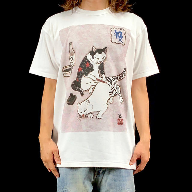 新品 ビッグ プリント 浮世絵 和彫り 刺青 彫り師 ネコ 猫 ゼブラ Tシャツ