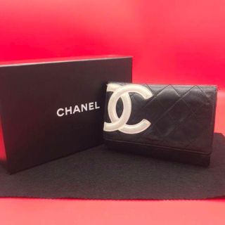 シャネル(CHANEL)のシャネル カンボンライン カーフスキン 二つ折り財布 ブラック/ホワイト(財布)