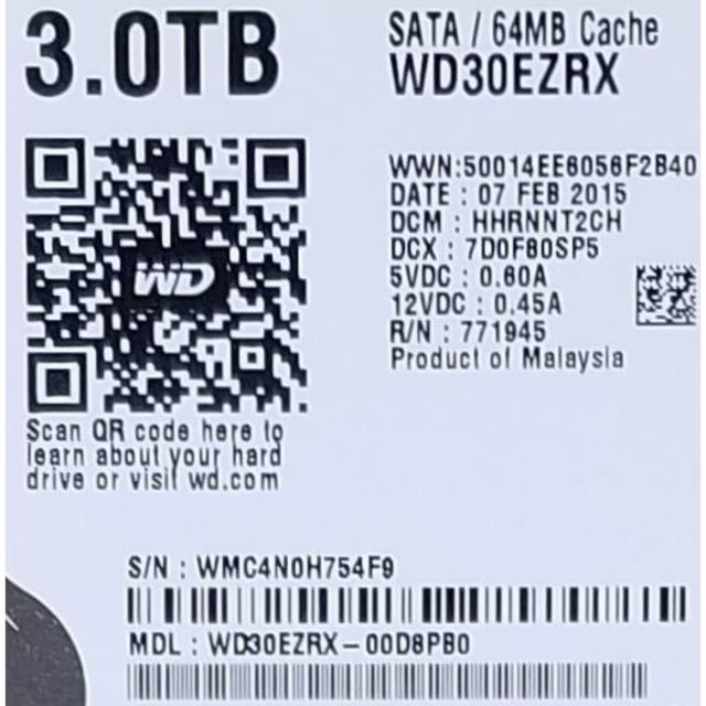 【まとめ割引有】HDD 3TB 3.5 WD Green  (581時間) 1