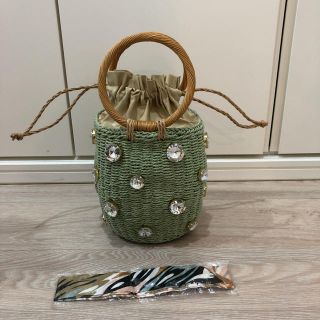 ビジューカゴバック　持ち手用スカーフ付き(かごバッグ/ストローバッグ)