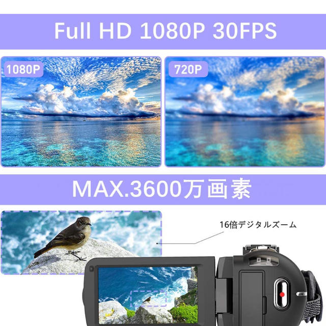 ビデオカメラ ACTITOP デジタルビデオカメラ 3600万画素HD1080P スマホ/家電/カメラのカメラ(ビデオカメラ)の商品写真