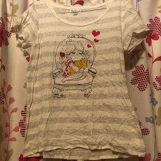 水森亜土　Tシャツ ラメ　女の子と猫(Tシャツ(半袖/袖なし))