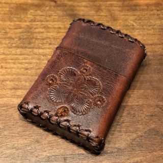 ジッポー(ZIPPO)の[本革] zippo レザーケース 革 アンティーク革 刻印 茶 スタンピング(タバコグッズ)