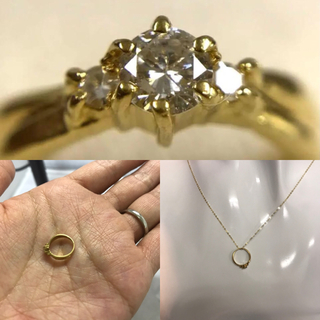 美品 ミニリング型 ネックトップK18 & ダイヤ3粒 ネック38cm付(リング(指輪))
