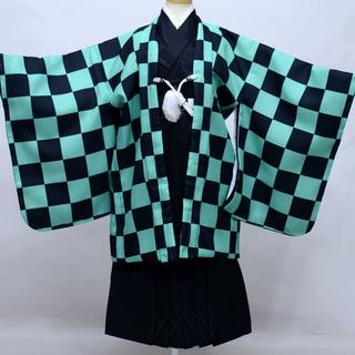 七五三 五歳 男児 羽織 袴フルセット 日本製 黒×緑 市松模様 NO33449(和服/着物)