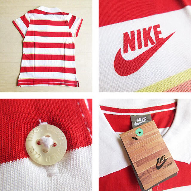 NIKE(ナイキ)の新品 Lサイズ NIKE ナイキ マルチボーダー 半袖ポロシャツ 白×赤 レディースのトップス(ポロシャツ)の商品写真
