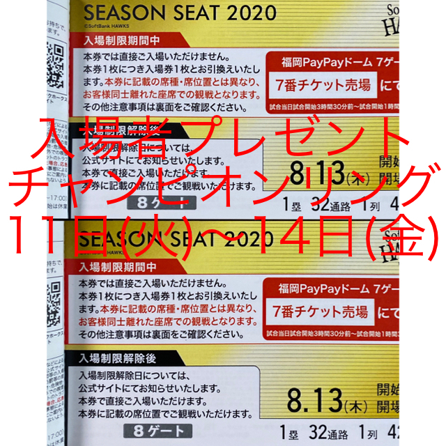 ソフトバンクホークスvsオリックス　8/13 ライトスタンド最前列ペア