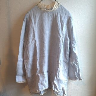 ザラ(ZARA)の【美品】ザラ　首もと　レース　リネン　襟レースが可愛いブラウス(カットソー(長袖/七分))