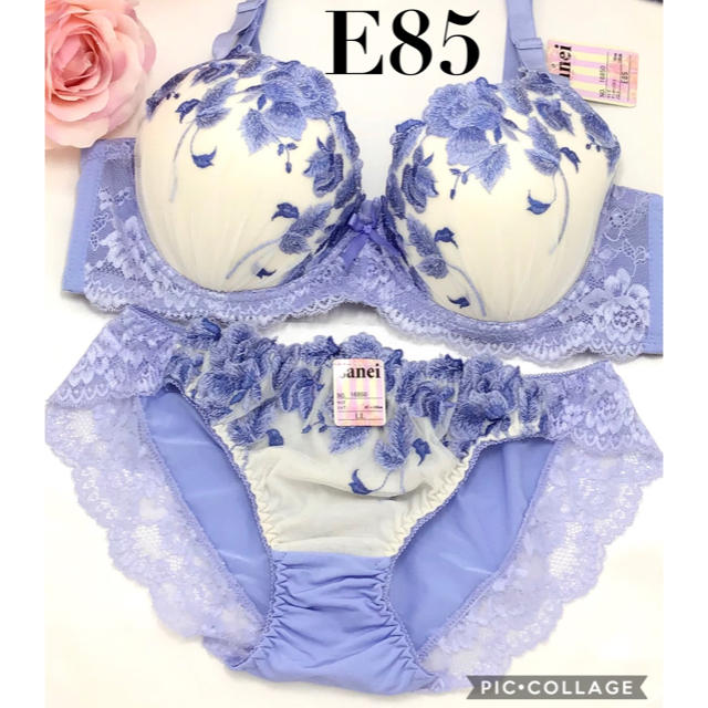 ブラジャーショーツ E85 ホワイトシフォン&パープルの花柄刺繍が綺麗なset♪ レディースの下着/アンダーウェア(ブラ&ショーツセット)の商品写真