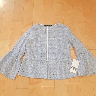 ザラ(ZARA)のZARA レースベルスリーブジャケット ブルー XS 新品(ノーカラージャケット)