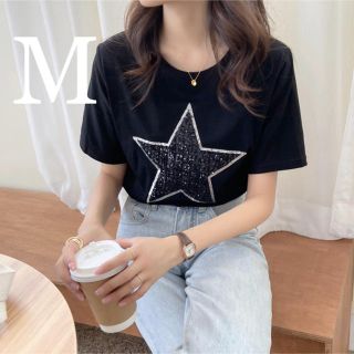 STAR Tシャツ M スター 星柄 スパンコール  BLACK 黒(Tシャツ(半袖/袖なし))