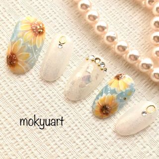 mokyuart56＊フラワーネイル　ネイルチップ　ひまわり　奥行きフラワー　 ハンドメイドのアクセサリー(ネイルチップ)の商品写真