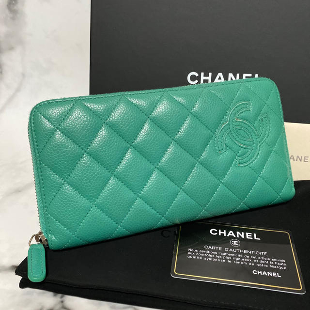 【美品☆】CHANEL 長財布 キャビアスキン シンプリーCC / グリーン長財布