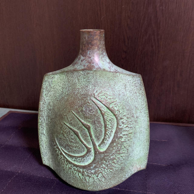 高岡銅器  銅製花瓶  鶴紋