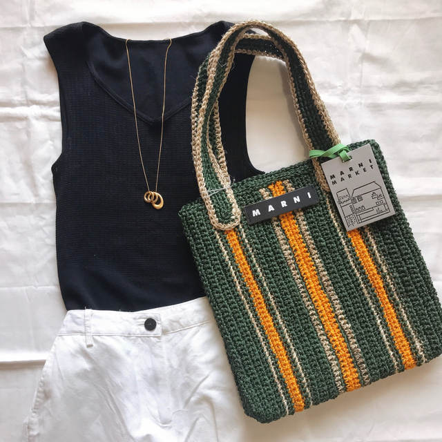 MARNI マルニ マーケット フィケクロシェ ストライプ トート グリーン