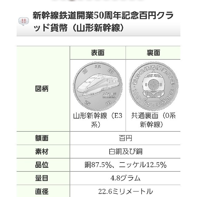 新幹線鉄道開業50周年記念百円クラッド貨幣（山形新幹線）新幹線鉄道開業50周年記 エンタメ/ホビーの美術品/アンティーク(貨幣)の商品写真